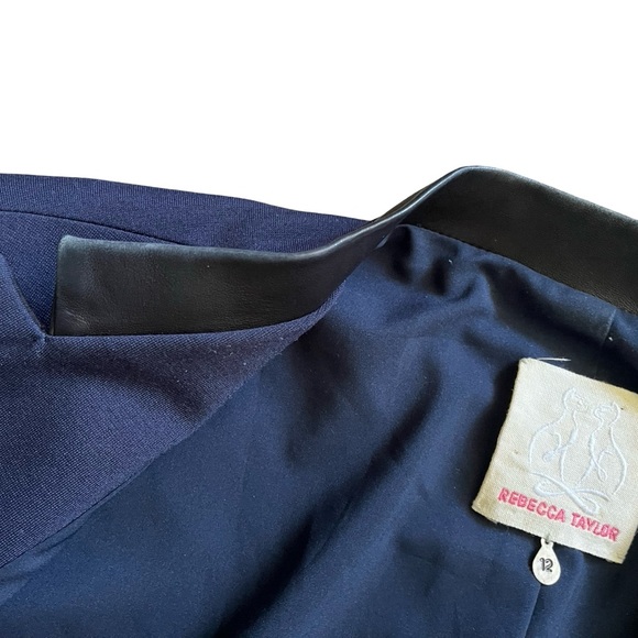 Rebecca Taylor Hook Front Leather Collar Blue Blazer Peplum Back Sz 12 Workwear - Picture 3 of 7